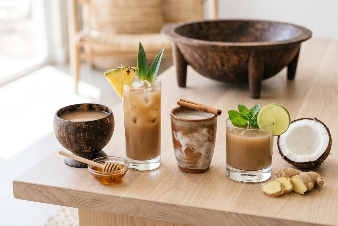 Four kava mocktails and a carved kava bowl on a timber bench
