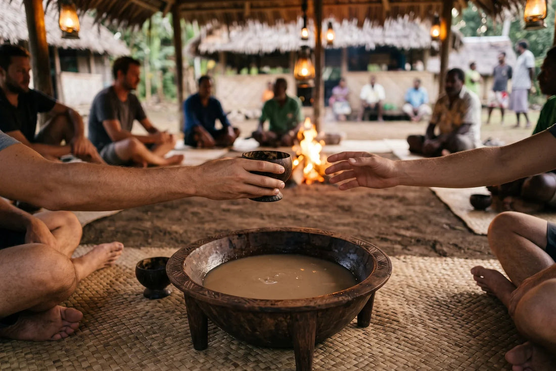 Friends sharing a cup of kava around a fire at an evening nakamal