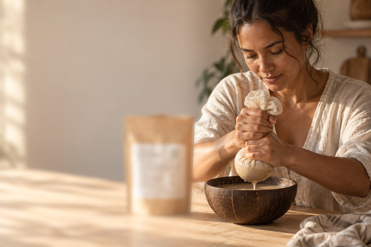 Woman squeezing a cloth strainer bag over a coconut-shell bowl, with a kraft kava pouch beside her on a sunlit table