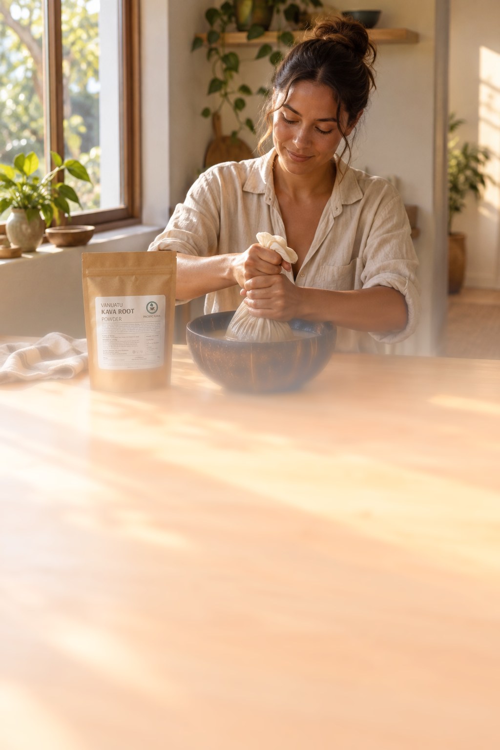 Woman squeezing a cloth strainer bag over a coconut-shell bowl in a sunny kitchen, kraft kava pouch beside her