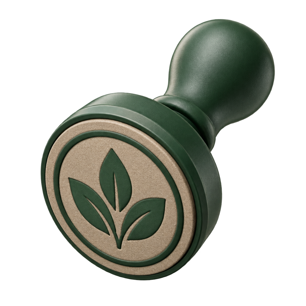 Illustration of a green stamp with a three-leaf emblem