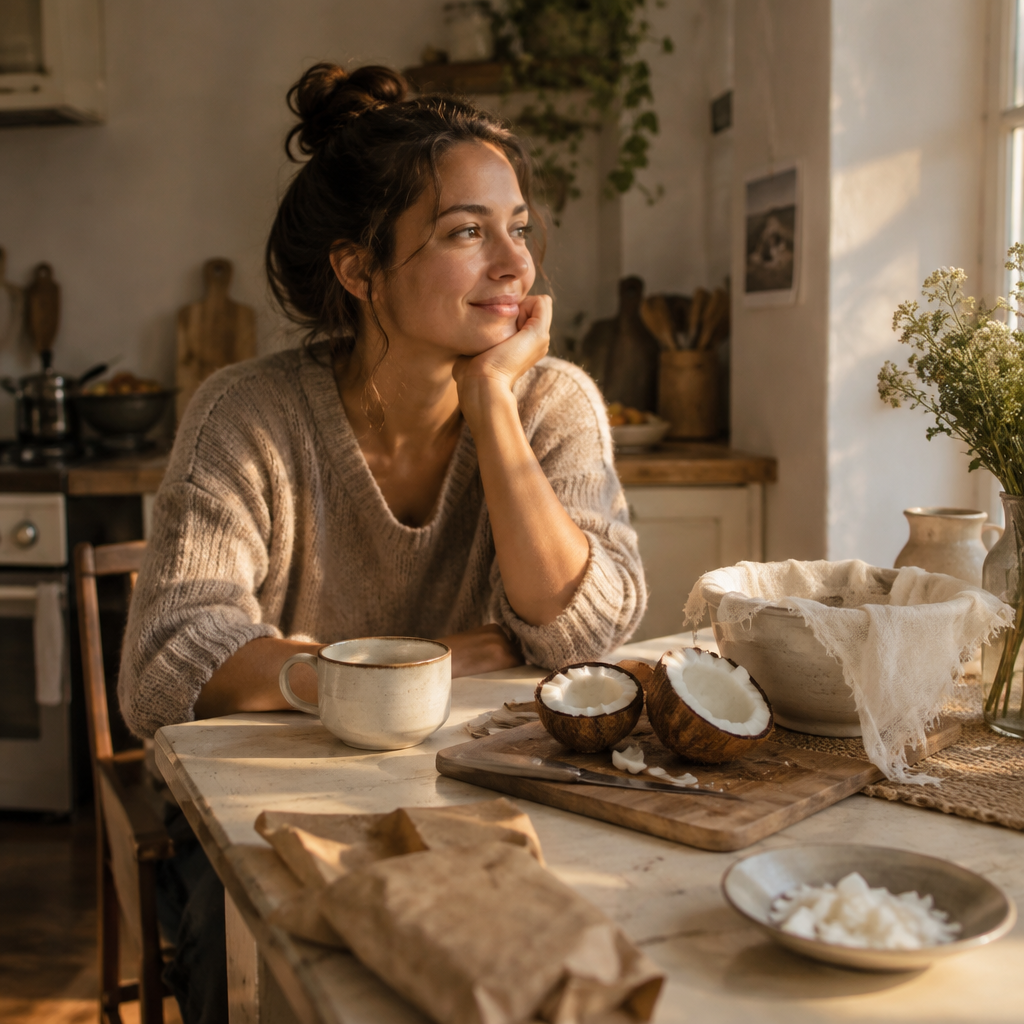 Woman resting her chin on her hand at a kitchen table with a mug, coconut halves and a cloth strainer bag