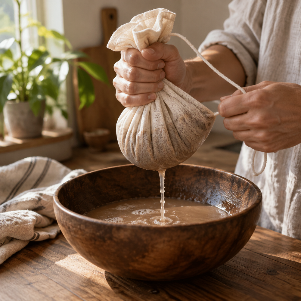 Hands squeezing a cloth strainer bag over a wooden bowl, liquid dripping into the bowl