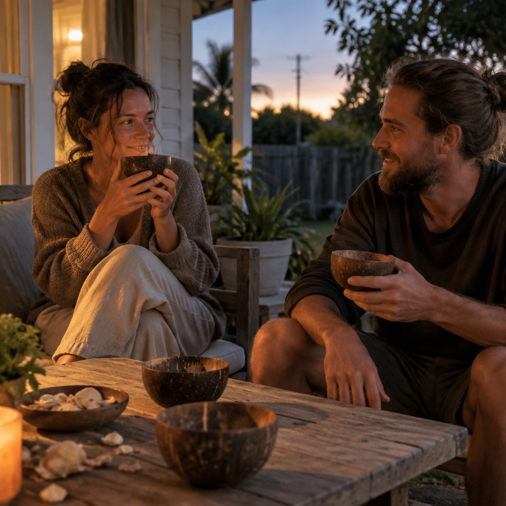 Man and woman sharing drinks from coconut-shell cups on a porch at dusk