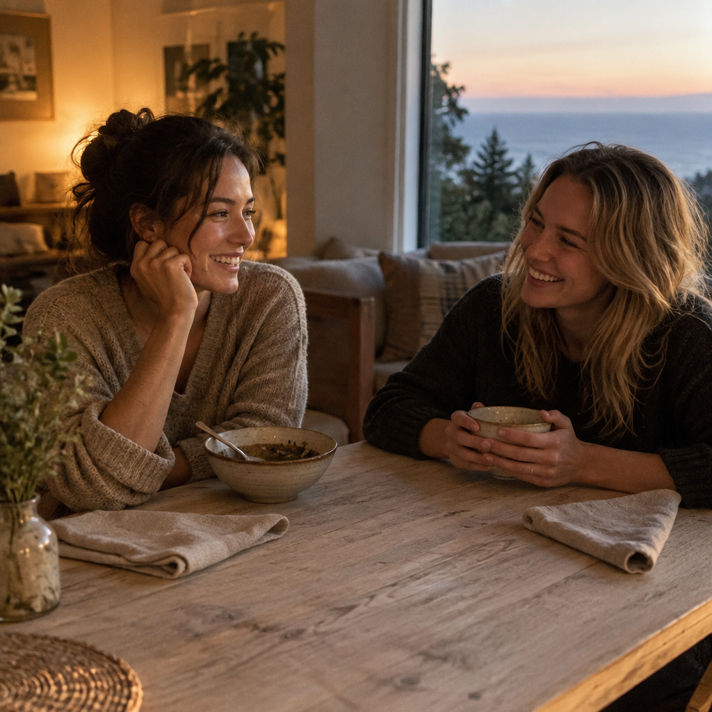 Two women laughing together at a wooden table by a window at sunset