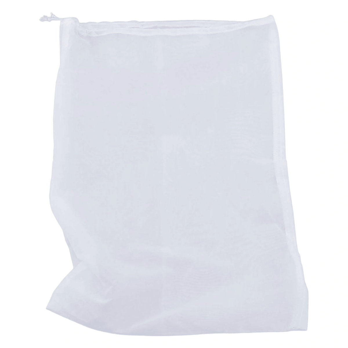 Nylon kava strainer bag with drawstring, laid flat on white