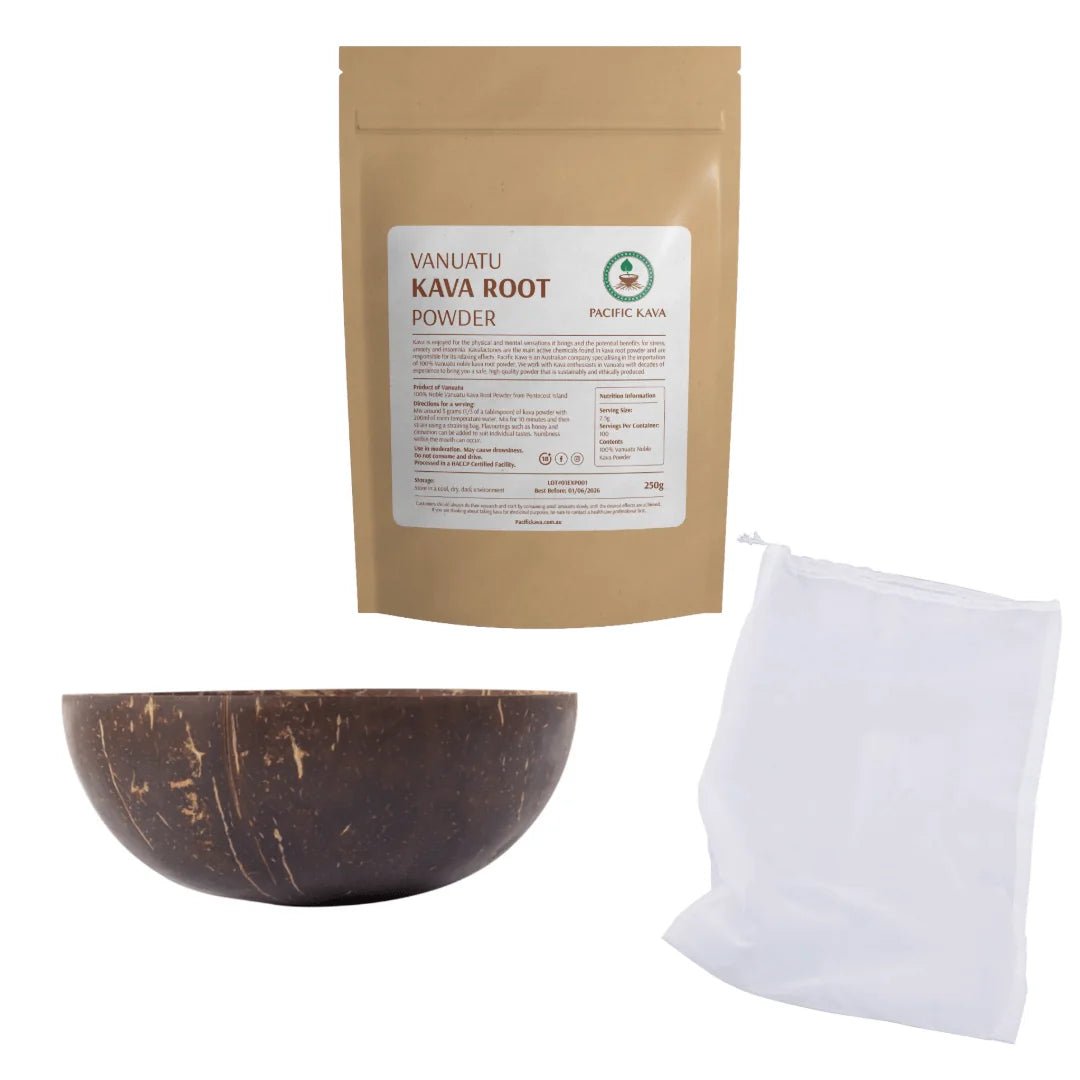 Borogoru kava powder pouch, coconut shell cup and nylon strainer bag on white